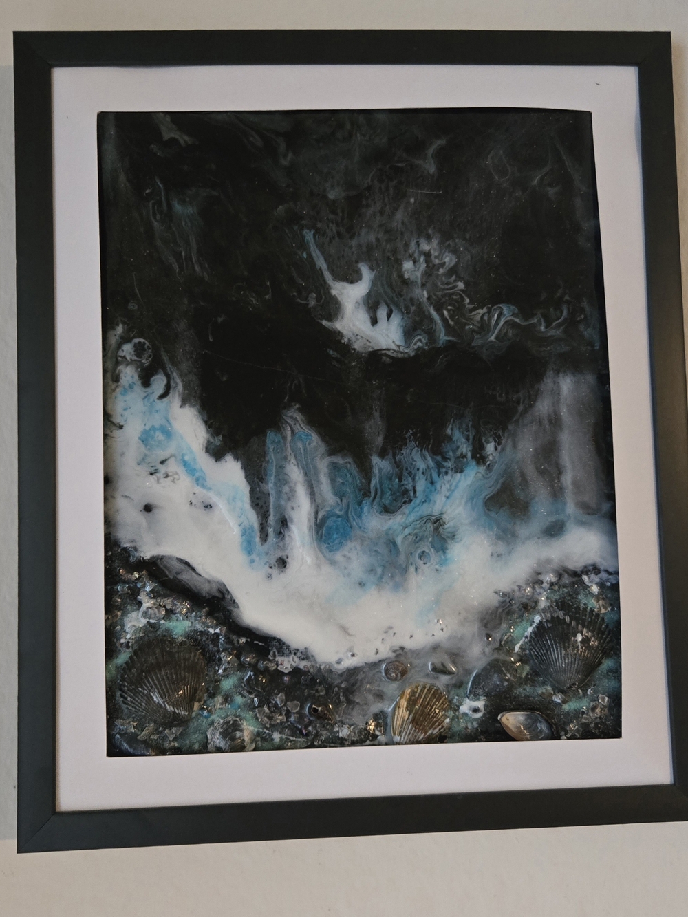 Framed Ocean Wave Resin Art Print in Black, White and Blue